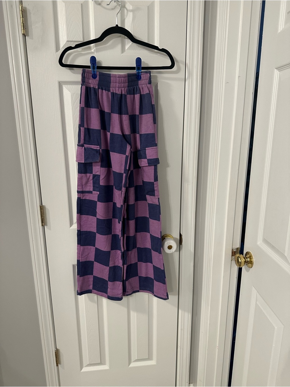 Womens Purple and Navy Check Cargo Wide-Leg Pants